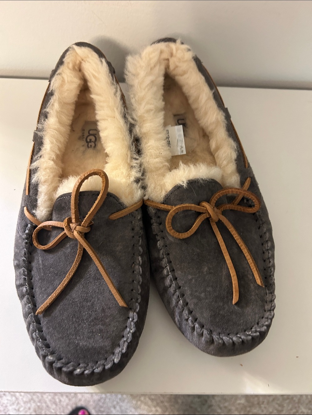 UGG Women's Gray Suede Moccasin Slippers with Cream Shearling